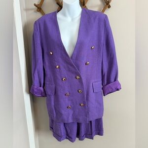 Beechers Brook Purple Ramie Rayon Short Suit Set 80s 90s Preppy Gold - Size 12